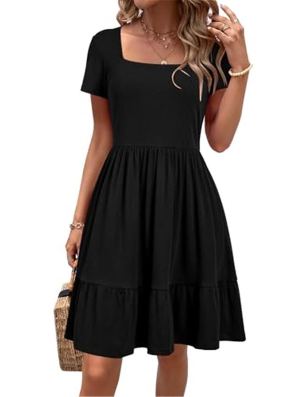 Womens Square Neck Sundress Short Sleeve A Line Swing Dress Pockets Summer Dress
